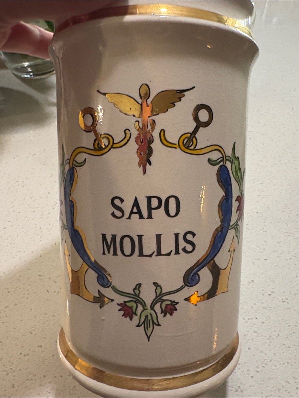 Jeanne Robinette X Rexall Ceramic Apothecary Jar - White and Gold 'Sapo Mollis'